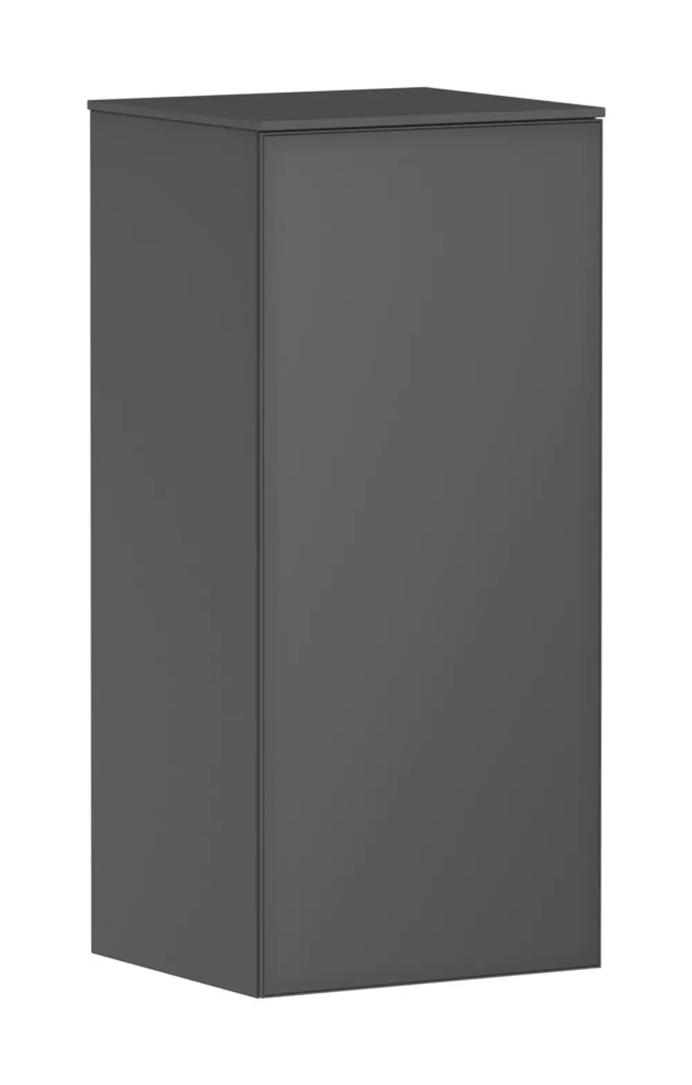 Hochschrank in schiefergrau mit einflügeliger Tür von Hansgrohe, Türanschlag links. Schlichte, rechteckige Form ohne sichtbare Griffe oder Dekorationen.